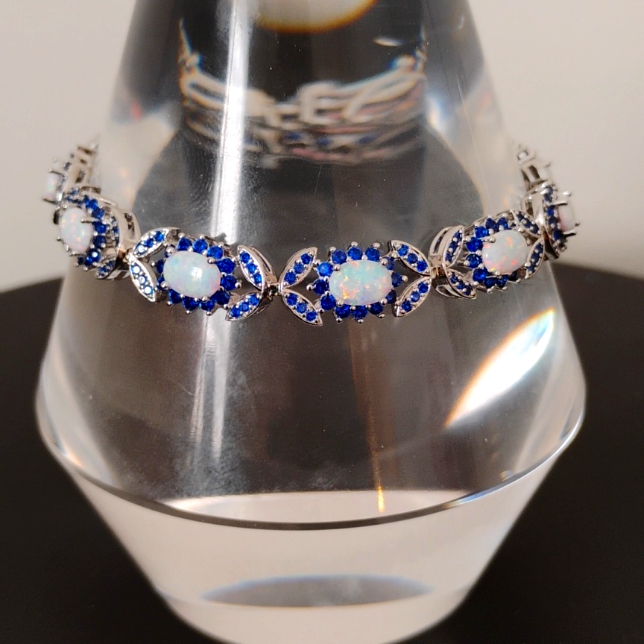 Silver - Opal And Blue Sapphire Halo Bracelet W Box Clasp/ Saftee Latch. 7 1/2".